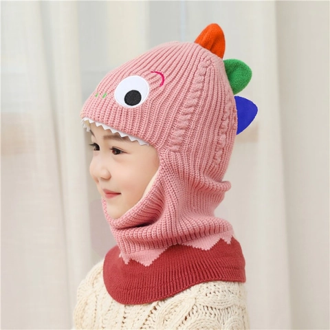 Bufanda con Capucha de Punto Cálida de Invierno para Niños Pasamontañas Dibujos Animados Animal Dinosaurio Oso Gorro