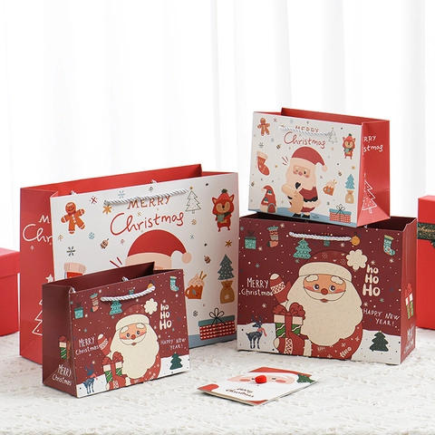 Weihnachtsgeschenktüten Aus Weißem Karton Handtaschen Mit Griffen Weihnachtsmann Rentier Muster Feiertag Partybedarf Dekor