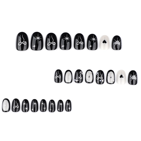 Gothic Black White Press On Nails Almond Shape Bow Heart Starry Design Rhinestone Artificial Pearl Artificial False Nails Women