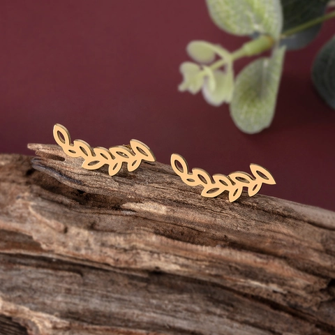 Minimalist Leaf Stud Earrings Gold Plated Stainless Steel Hollow Olive Branch Nature Inspired Forest Style Jewelry For Women