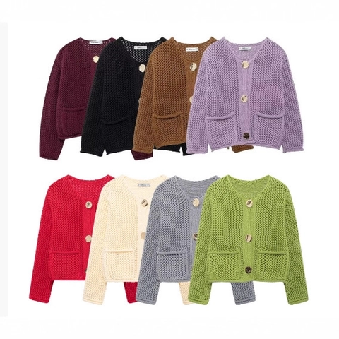 Damen Grobstrick Cardigan Pullover V-Ausschnitt Goldknöpfe Langarm Taschen Locker Lässige Strickwaren Retro Oberteil