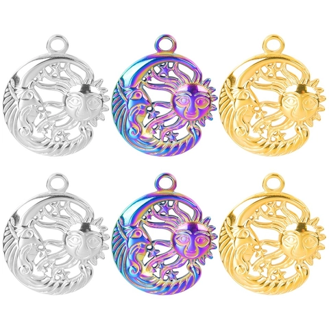 Collier Pendentif Céleste Soleil et Lune en Acier Inoxydable pour Femme Or Argent Arc-en-ciel Plaquage Ajouré Étoile Bijoux Boho