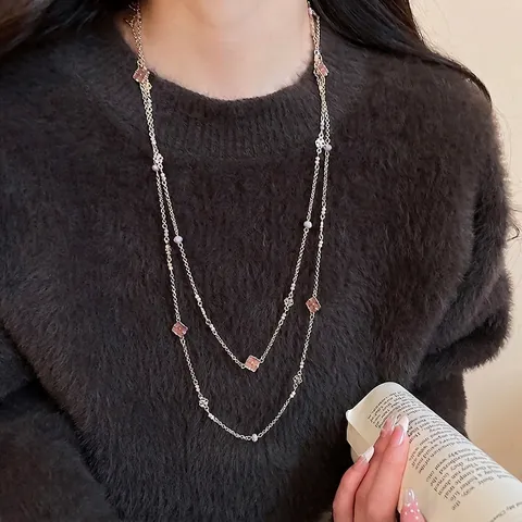 Collar Largo De Suéter Retro Francés Para Mujer Aleación Esmalte Colgante Flor Cuentas De Cristal Multicapas Vintage