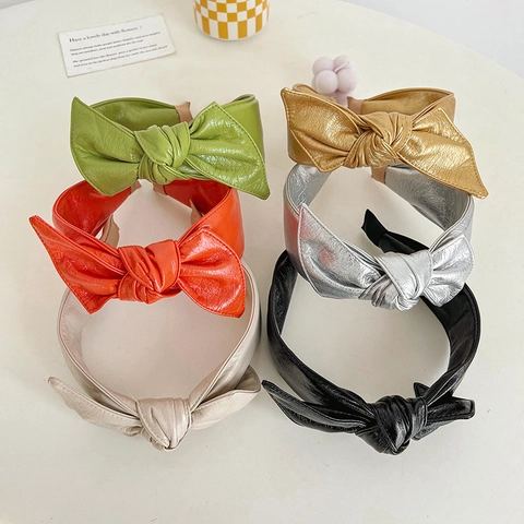 Knotted Bow Headband Wide PU Leather Wrinkled Texture Solid Color Hair Hoop Sweet Vintage Hair Accessories For Women