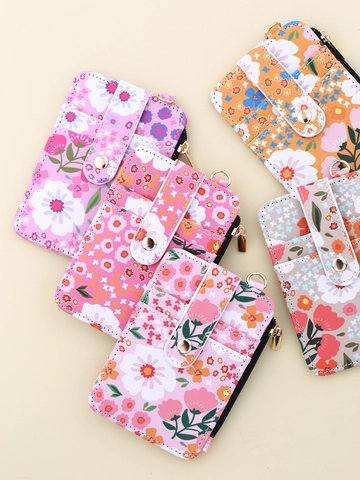 Women PU Leather Card Holder Wallet Floral Animal Print Multi Slot Zipper Pocket ID Window Slim Purse