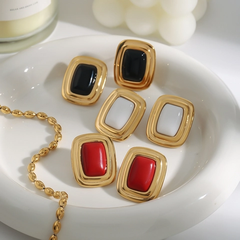 Geometric Rectangular Stud Earrings Stainless Steel Gold Plated Inlaid Hypoallergenic Retro Fashion Jewelry For Women
