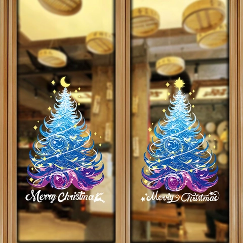 Christmas Tree Static Window Clings PVC Double Sided Color Artistic Blue Purple Spiral Holiday Decor Merry Christmas