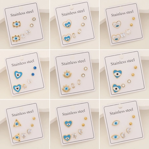 Evil Eye Stainless Steel Stud Earrings Zircon Heart Geometry Trendy Jewelry For Women