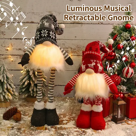 Gnomo Di Natale Bambola Luminosa Cappello A Maglia Pelliccia Artificiale Barba Lunga Gambe Telescopiche Luce LED Decorazione Festiva