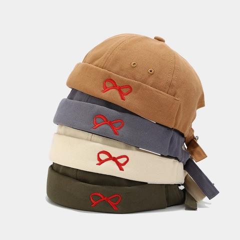 Unisex Docker Hat Brimless Skull Cap Cotton Canvas Bowknot Embroidery Adjustable Hip-hop Miki Hat