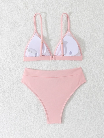 Women Ribbed Triangle Top High Waisted Backless Solid Pink Bikini Swimsuit Beach Vacation Swimwear