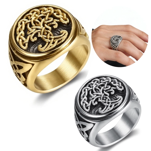 Anillo De Árbol De La Vida De Acero Inoxidable Vintage Nudo Celta Vikingo Joyería Nórdica Hombre Ancho