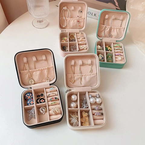 Joyero Portátil De Cuero PU Estuche De Viaje Pequeño Para Anillos Pendientes Collares Almacenamiento Con Cremallera Lujo