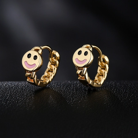 Hoop Ohrringe 18K Vergoldetes Kupfer Pink Emaille Smiley Gesicht Kettenmuster Europäischer Stil Für Damen