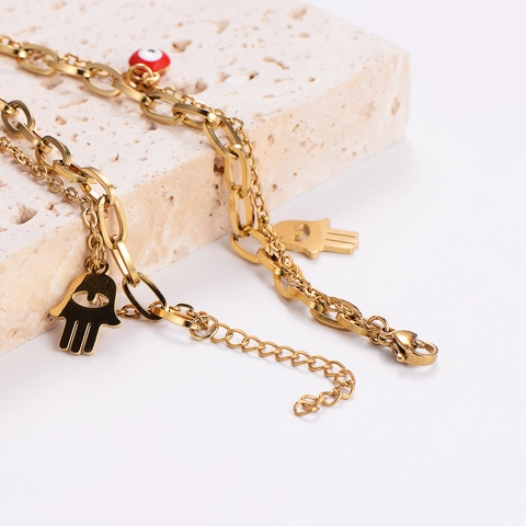 Doppelschichtiges Hamsa Hand Böser Blick Armband 316L Edelstahl Emaille Anhänger Böhmischer Schmuck Für Damen Goldton