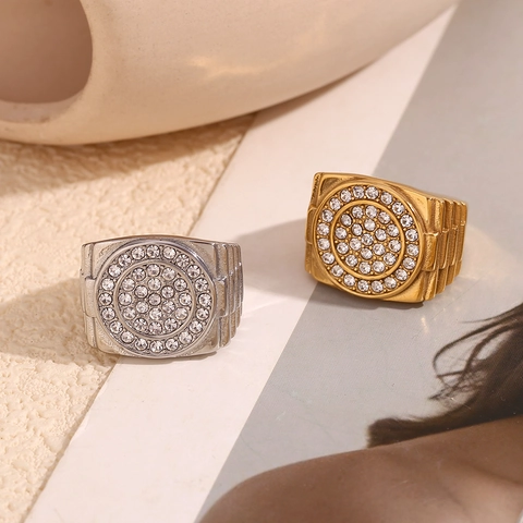 Anillo Hombre Acero Inoxidable Chapado Oro 18K Micro Pave Circonita Diseño Correa Reloj Retro Hip Hop Joyería