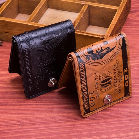 Portefeuille Bifold Homme Cuir PU Imprimé Billet 100 Dollars Créatif Rétro Petit Porte Monnaie Avec Fermoir Métallique