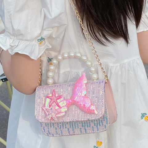 Mermaid Princess Kids Crossbody Bag Tweed Sequin Artificial Pearl Handle Metal Chain Glittery Shoulder Handbag For Little Girls