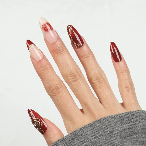 Press On Nails Almond Shape Wine Red Gold 3D Rose Embossed French Style Glossy Artificial False Nails For Women