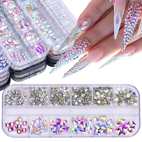 Nail Art Rhinestones Mixed Shapes Flatback Crystals Manicure Decoration DIY Shiny AB Colorful Glass Stones Organizer Box