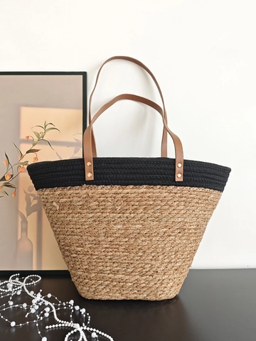 Handwoven Straw Cotton Rope Tote Bag Contrast Color Large Capacity Beach Vacation Handbag With PU Leather Handle Metal Rivet