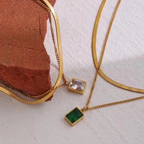 Dubbele Gelaagde Ketting 18K Verguld Roestvrij Staal Rechthoekige Zirkoon Hanger Retro Slangenketting Sieraden Vrouwen