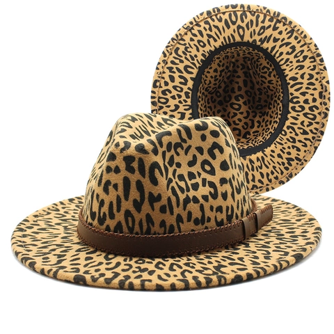 Cappello Fedora Con Stampa Leopardata Feltro Di Lana Ala Larga Jazz Cap Con Cintura Decorazione Moda Retrò Per Uomini Donne