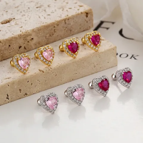 925 Sterling Silver Heart Zirconia Stud Earrings For Women Pink Rose Red Rhinestone Screw Back Ear Bone Stud Fashion Jewelry