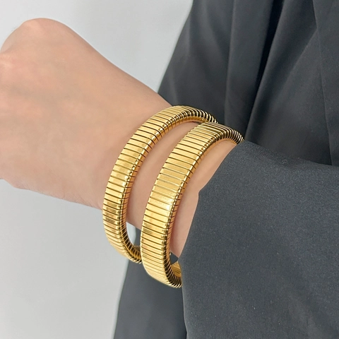 Minimalist Stainless Steel Tubogas Bangle For Women 18K Gold Plated Elastic Stretch Snake Bone Thread Design Bracelet Jewelry