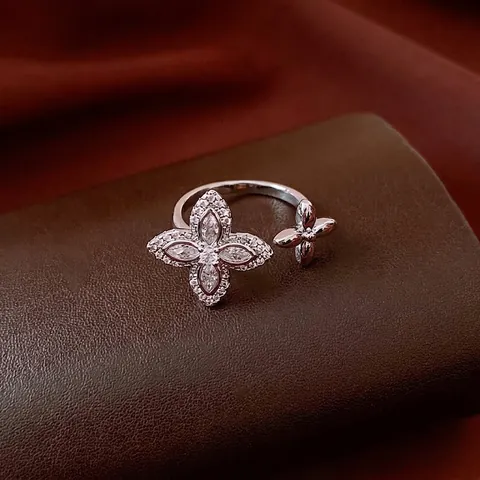 Zirkon Bloem Open Ring Koper Verstelbaar Klavertje Franse Luxe Sieraden Voor Dames