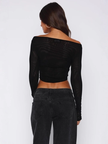Mesh Langarm Crop Top Transparent Schulterfrei U-Boot-Ausschnitt Slim Fit Streetwear Sexy Einfarbig Damen T-Shirt
