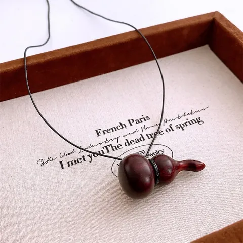 Wood Gourd Pendant Necklace Handmade Sandalwood Vintage Retro Minimalist Long Sweater Chain For Women Jewelry