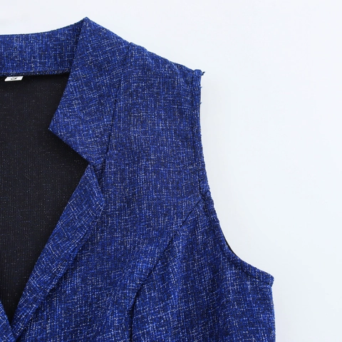 Ensemble Jupe En Tweed Pour Femmes Gilet Sans Manches Col En V Et Mini Jupe Élégant Chic Bleu Foncé