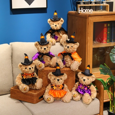 Halloween Teddy Bear Plush Toy Soft Animal With Wizard Hat Cape Dress Pumpkin Embroidery For Holiday Party Gift Decor