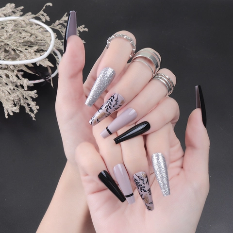 Uñas Postizas Largas Coffin Negro Morado Plata Brillo Patrón Hoja Flor Brillante Cobertura Completa