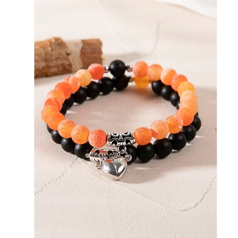 Beaded Couples Magnetic Attraction Bracelet Natural Stone Alloy Heart Charm Braided Cord Adjustable Romantic Jewelry
