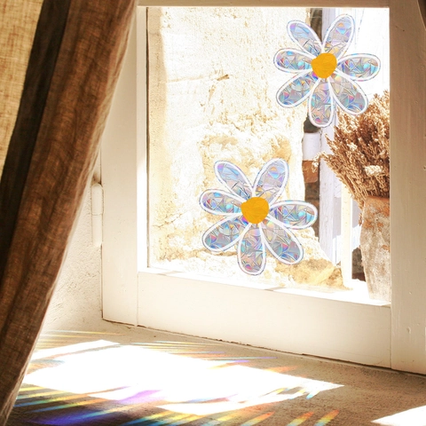 Daisy Flower Holographic Rainbow Prism Window Cling Static Glass Sticker Anti-Collision Suncatcher Home Decor