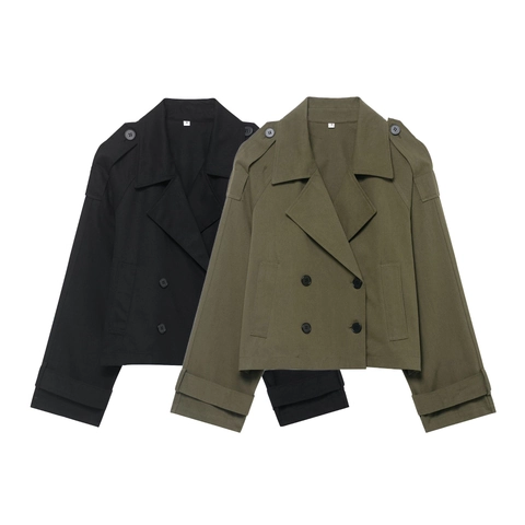 Women Short Trench Coat Double Breasted Polyester Jacket Casual Long Sleeve Lapel With Shoulder Straps Fashion