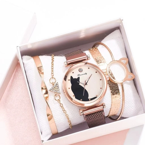 Women Cat Silhouette Quartz Watch With Magnetic Milanese Band Rhinestone Dial Fashion Alloy Bracelet Gift Jewelry Set