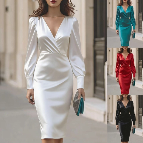 Elegant Satin V Neck Long Sleeve Midi Dress For Women Solid Color Slim Fit Bodycon Sheath Party Evening Wedding Guest Dress