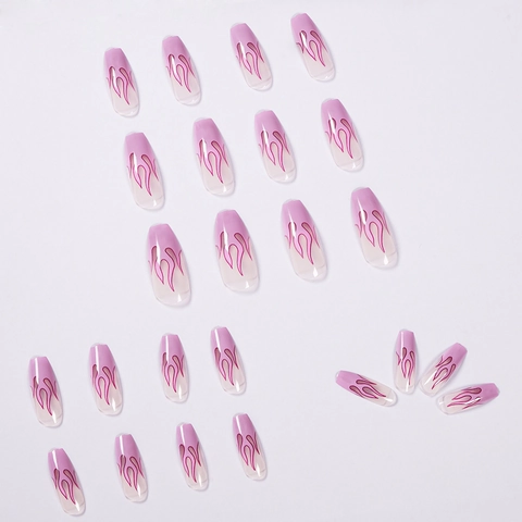 Lange Coffin Press On Nagels Taro Paars Gradiënt Roze Vlammenpatroon Kunstnagels Ballerina Vorm Manicure Voor Dames