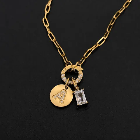 Roestvrij Stalen Initiaal Letter Hanger Ketting Voor Vrouwen 14K Verguld Strass Gepersonaliseerde Paperclip Ketting Minimalistische Sieraden