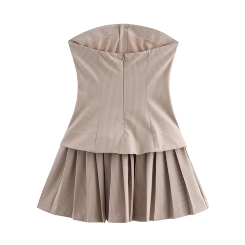 Women Striped Tube Top Mini Dress Sleeveless Strapless High Waist Button Decor Pleated Hem Preppy Style Elegant