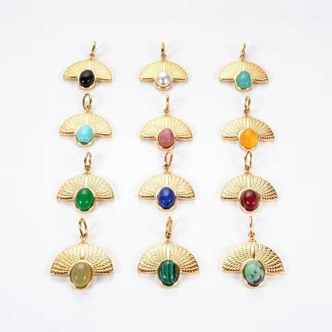 Fan Shaped Stainless Steel Pendants With Natural Stone Agate Turquoise For DIY Jewelry Making Vintage Ethnic Style Accessory