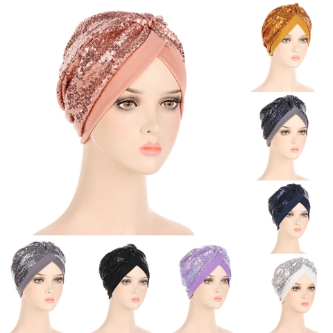 Women Sequined Turban Hat Fashion Sparkly Beanie Cross Twist Head Wrap For Daily Party Breathable Polyester Knitted Headwear