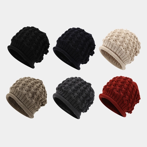 Women Retro Knit Visor Beanie Hat Acrylic Textured Hollow Knitted Rolled Edge Winter Warm Outdoor Windproof Cap