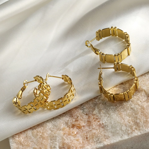 Vintage Titanstahl Gold Creolen Für Frauen Chunky Geometrische Hohl Gitter Texturierte Luxus Ohrschmuck