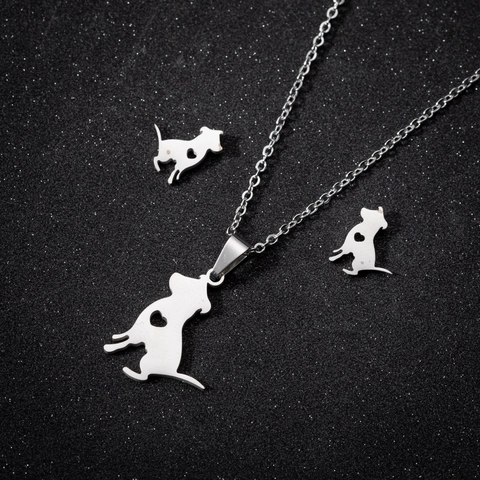Collar Y Pendientes De Botón De Acero Inoxidable Con Silueta De Perro Lindo Joyería Simple De Moda Con Detalle De Corazón Hueco Para Mujeres