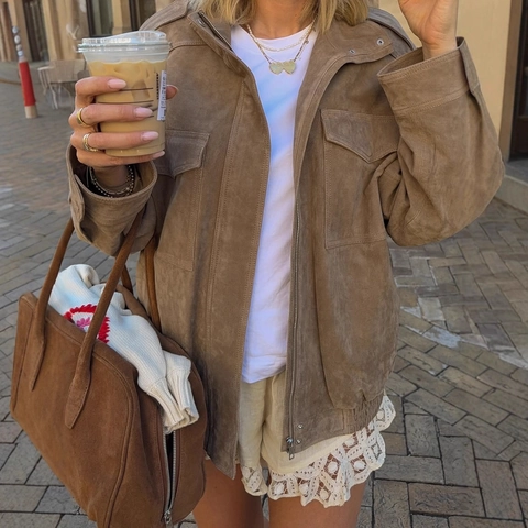 Damesjas Van Imitatiesuede Opstaande Kraag Epauletten Losse Casual Retro Streetwear Werkkleding Jas Met Lange Mouwen