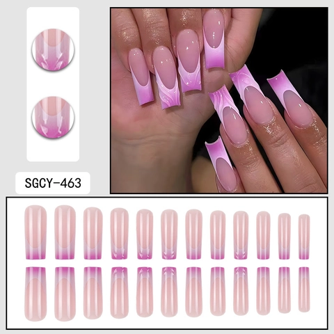 Uñas Postizas Press On Degradado Francés Ombré Rosa Púrpura Forma Cuadrada Ataúd Larga Textura Mármol Ondas De Agua Artificiales